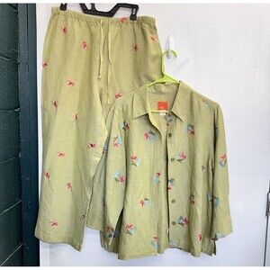 VTG Hearts of Palm 2pc Set Flamingo Embroidered Linen Blend Pants Shirt Green 12